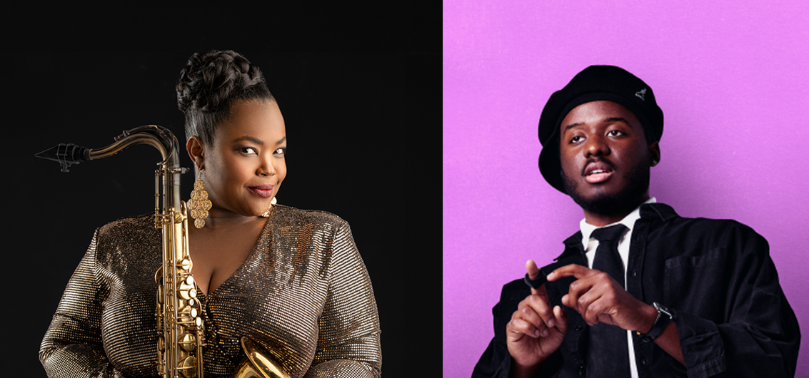 Two artists side by side: on the left, a woman with braided hair in a shimmering dress holding a saxophone, against a black background. On the right, a man wearing a hat and a dark suit on a pink background, posing with his fingers in a rhythmic gesture.