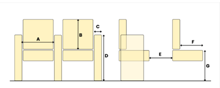 afbeelding van de zaalstoelen met afmetingen